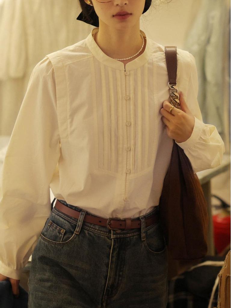 Cămașă pentru femei, toamna 2025, cu guler înalt, stil retro francez, cu mânecă tip felinar – design lejer, cu mânecă lungă, elegant