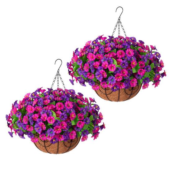 Artificial Hanging Fake Flowers with Basket Outdoor UV Resistant Faux Silk Morning Glory Vines Plants for Porch Patio Garden Balcony Yard Spring