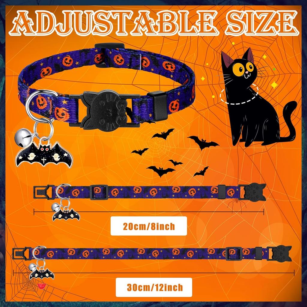 Sanwuta 8 Pcs Halloween Cat Collar Breakaway with Bell Cute Adjustable Kitten Halloween Collars with Pendant Pumpkin Ghost Breakaway Kitten Collar