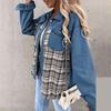 Denim Jacket Checkered Button Up Shirt Jacket Women's Patchwork Jacket Warm Comfortable Commuter Long Sleeved Shirt Autumn Winter
