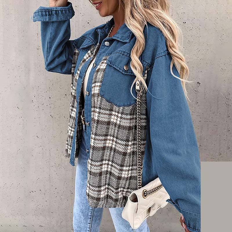 Denim Jacket Checkered Button Up Shirt Jacket Women's Patchwork Jacket Warm Comfortable Commuter Long Sleeved Shirt Autumn Winter