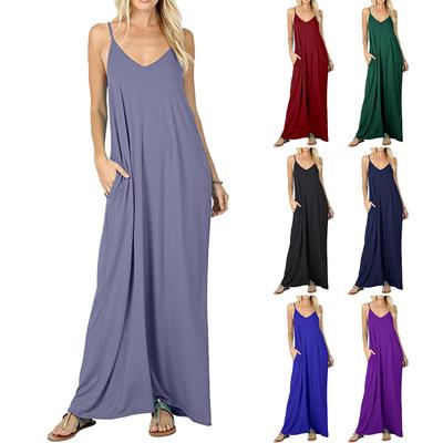 Women's Summer Fashion Solid Pocket Strap Sleeveless Tank Top Loose Casual Long Dress
