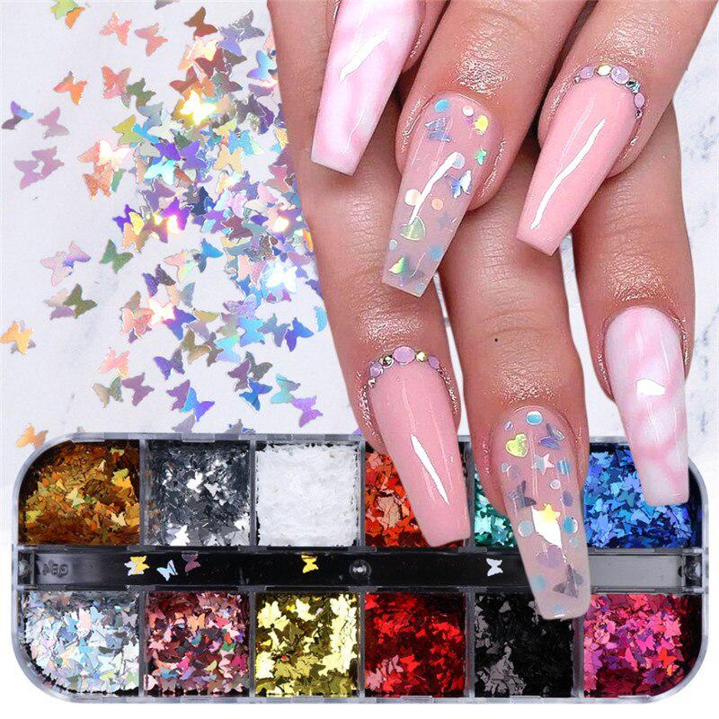 1 Box Nail Decoration Sequins Nail Jewelry 12 Grid Laser Symphony Butterfly Sequin DIY Nail Accessories
