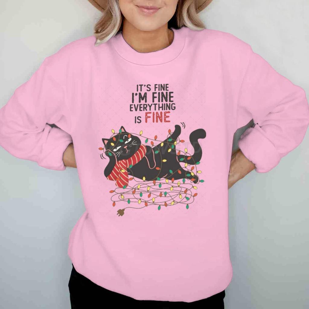 Weihnachtsgeschenke Outfits Oberteil Mir geht es gut Alles ist gut Grafikpullover Damen Fröhliche Weihnachten Katze Lichter Cartoon Sweatshirt