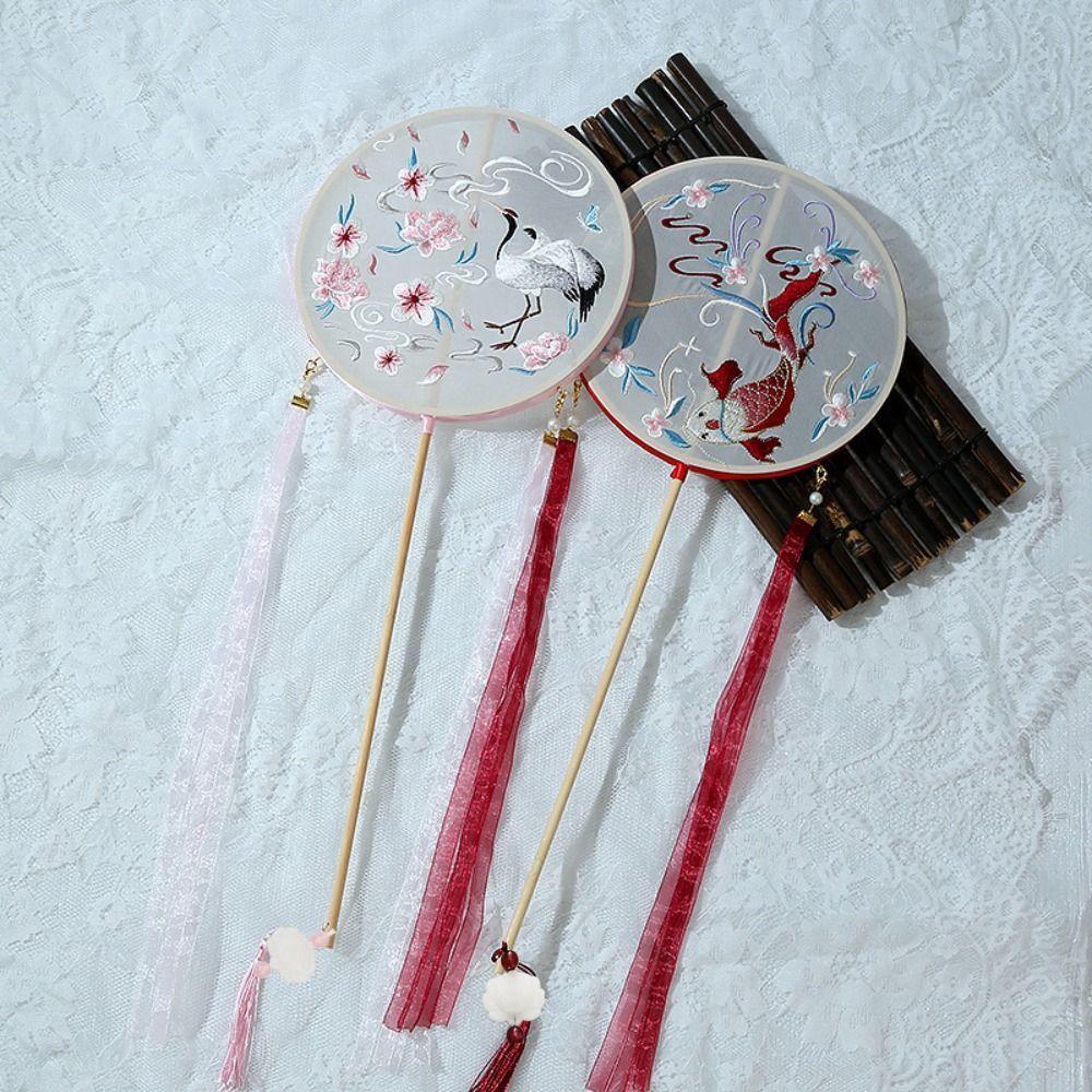 Embroidered Chinese Style Round Fan Classical Hanfu Hand Fan Long Handle Silk Fan  Female Costume