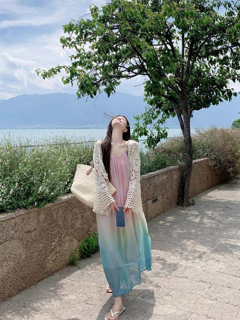 Korean Sweet Gradient Spaghetti Strap Beach Dress - 2026 Summer Seaside Vacation Design
