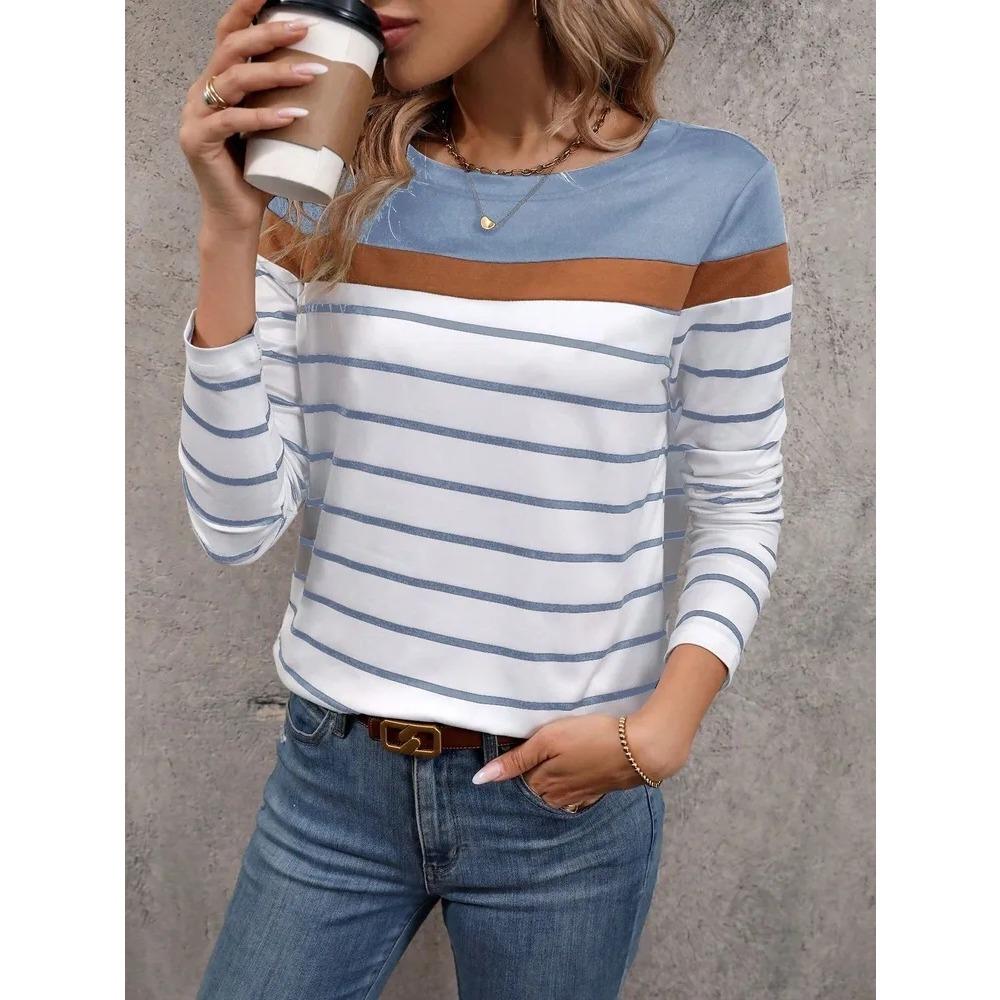 T-shirt da Donna alla Moda a Maniche Lunghe con Stampa a Righe Retrò, Cartoni Animati, Comoda, Casual, Sportiva, Larga, Versatile, Girocollo