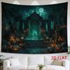 1pc Tapestry of a Gothic Castle Gate Adorned with Glowing Jack-O'-Lanterns Under a Full Moon, Creating a Mystical Halloween Atmosphere