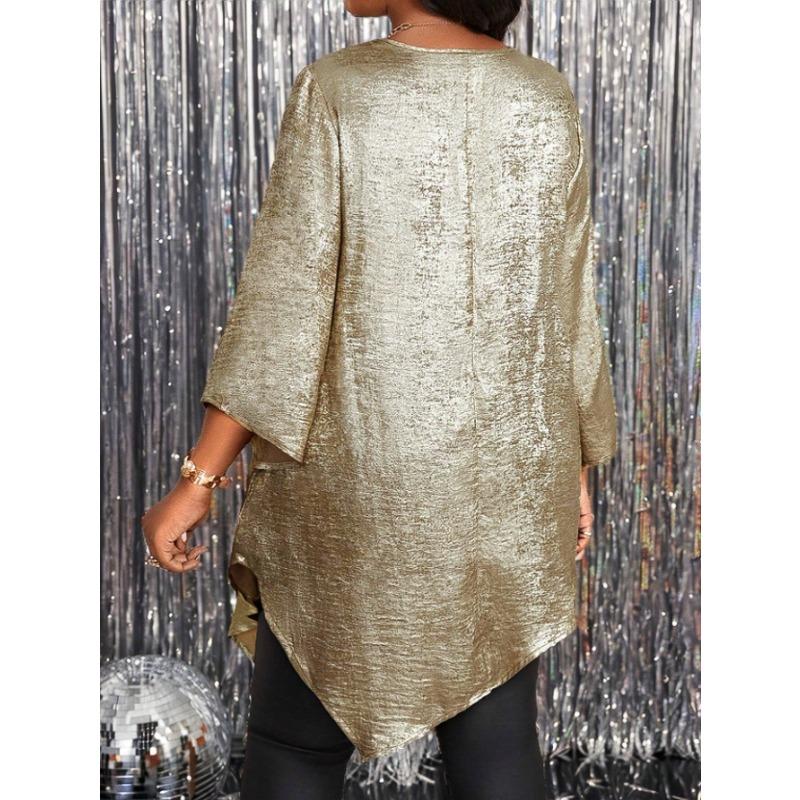 Plus Size Loose Round Neck Three Quarter Sleeve Irregular Hem Top For Women