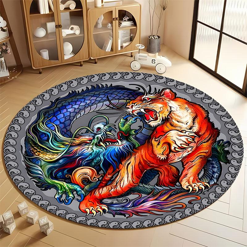 

Vibrant Dragon and Tiger Design Rug for Living Spaces round carpet for home sofa bedroom, gift Diameter 60cm