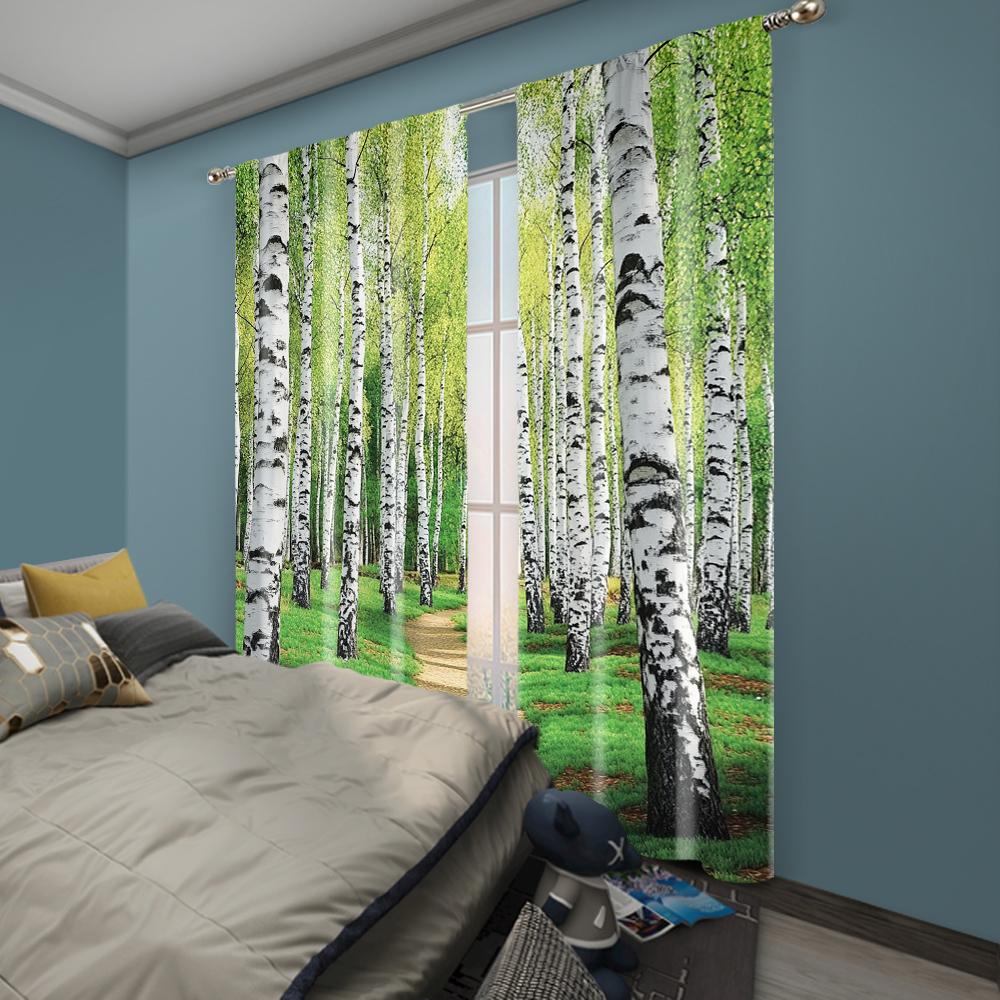 2pc,  Party Window Curtains Nature path birch forest early autumn woodland scenery Versatile Fabric,Without Electricity Family