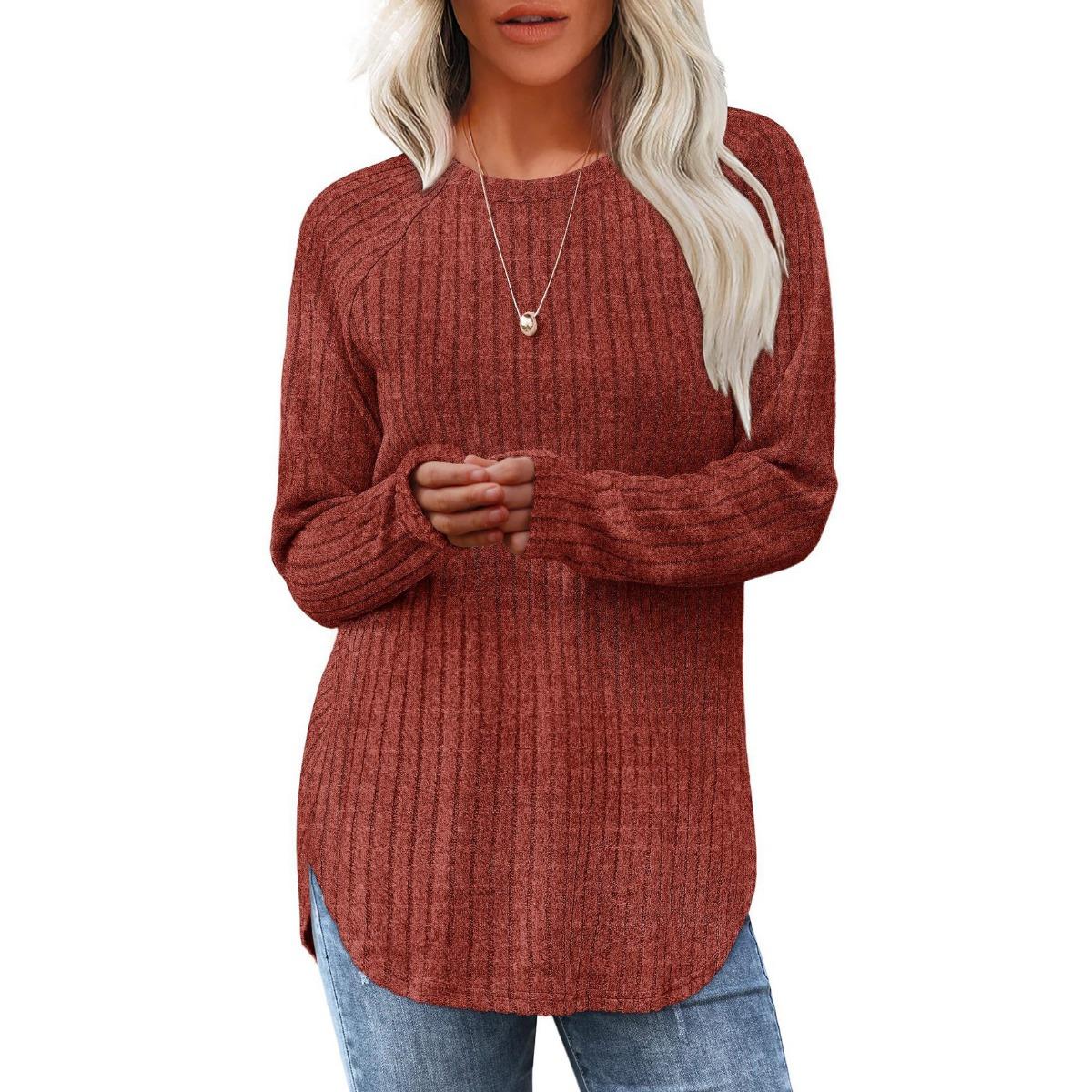 

Women s Fall Long Sleeve Loose Crew Neck T-shirt with High Low Curved Hem, Casual Loose Top for Women, European and American Crossboundary Apparel XXL brick червоний колір