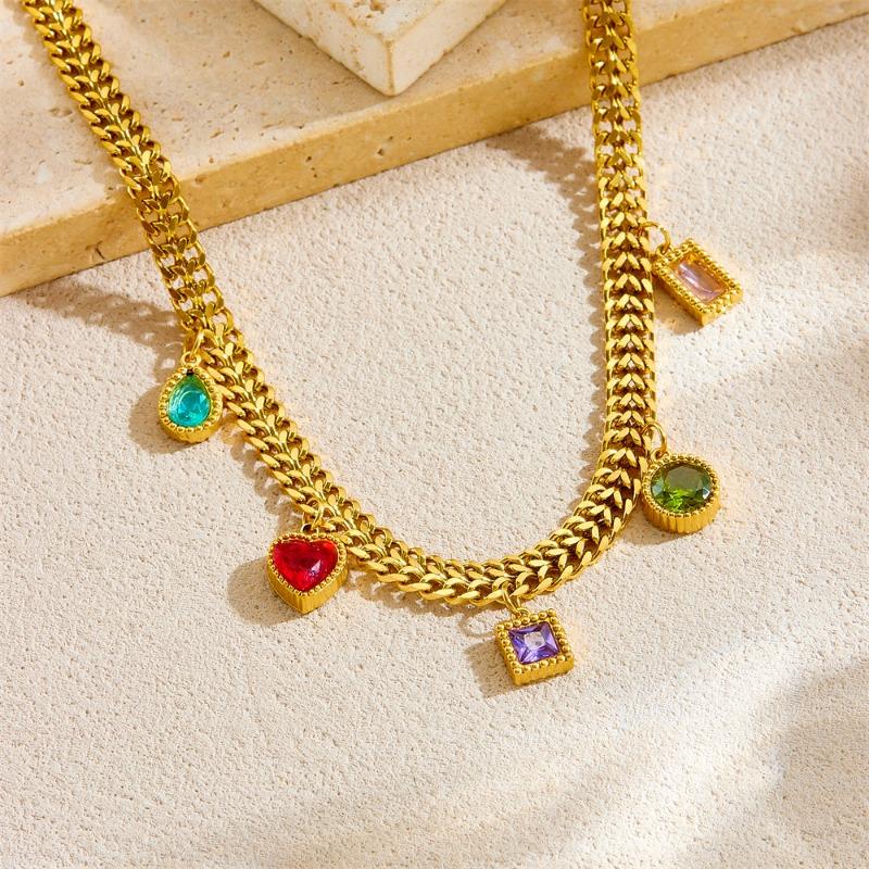 Gold Cuban Link Colorful Gem Charm Necklace – Boho Rainbow Jewelry, Joy Energy Gift for Women
