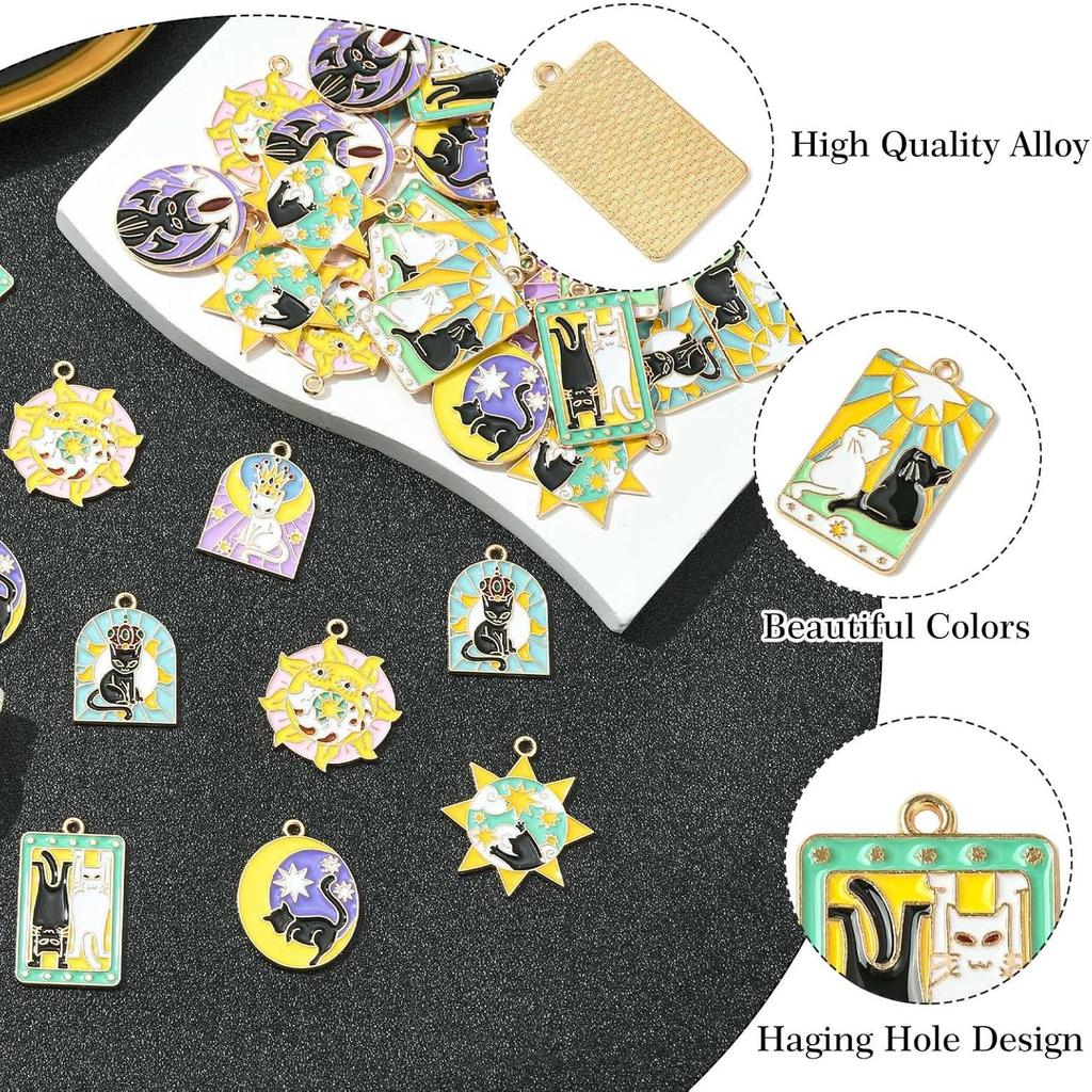 UR URLIFEHALL 40 Pcs 8 Styles Enamel Tarot Charms Colorful Tarot Card Charms Black White Cat Sun Moon Charms for Bracelet Necklace Earrings Jewelry