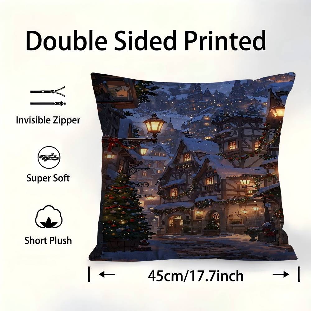 Winter Holiday Town 45*45cm Cushion Cover Pillow Cover Decor Pillowcase Home Pillowcase For Couch Pillow