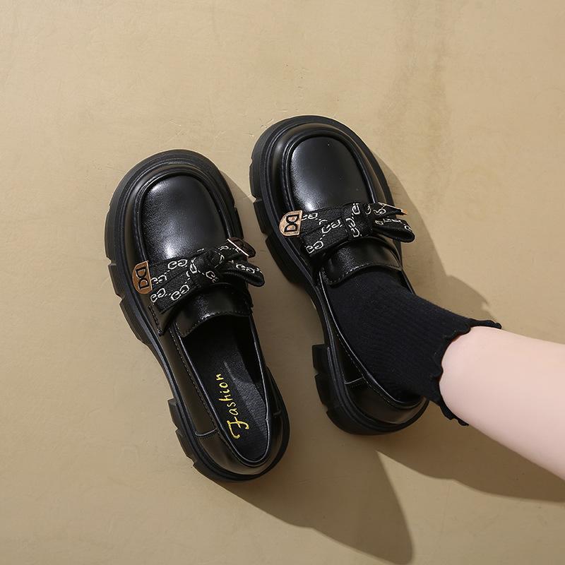 Black height-increasing small leather shoes women's new autumn versatile retro platform lace-up single shoes