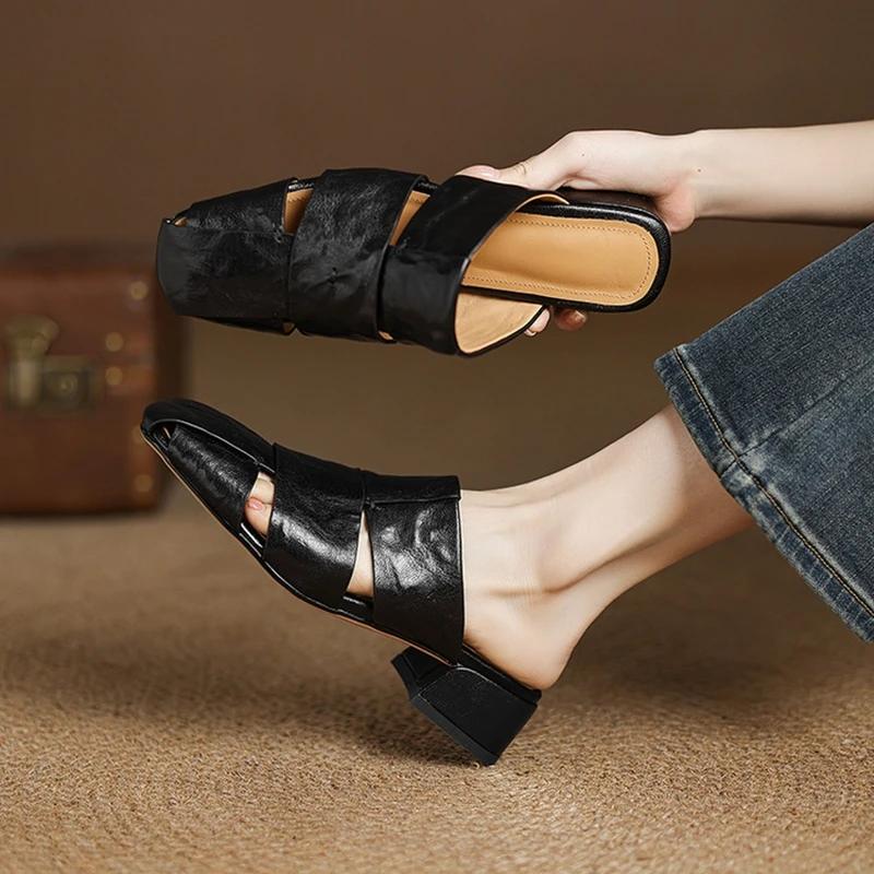 Fashion 2025 Outside Summer Women Mules Genuine Leather Women Shoes Cover Toe Chunky Heel Slippers Square Toe Hollow-out Modern Slippers