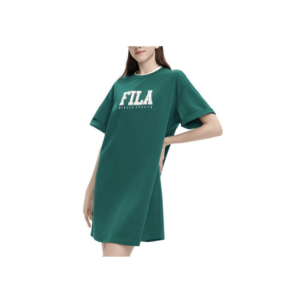 FILA American Series Logo Print Loose Simple Casual Comfortable Round Neck Short Sleeve Dress Women dresses Chrysanthemum-Green F11W329315FTQ