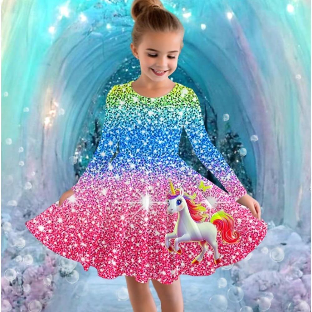 Abito Casual da Ragazza con Stampa Unicorno 3D Girocollo Manica Lunga Abito da Principessa per Bambina