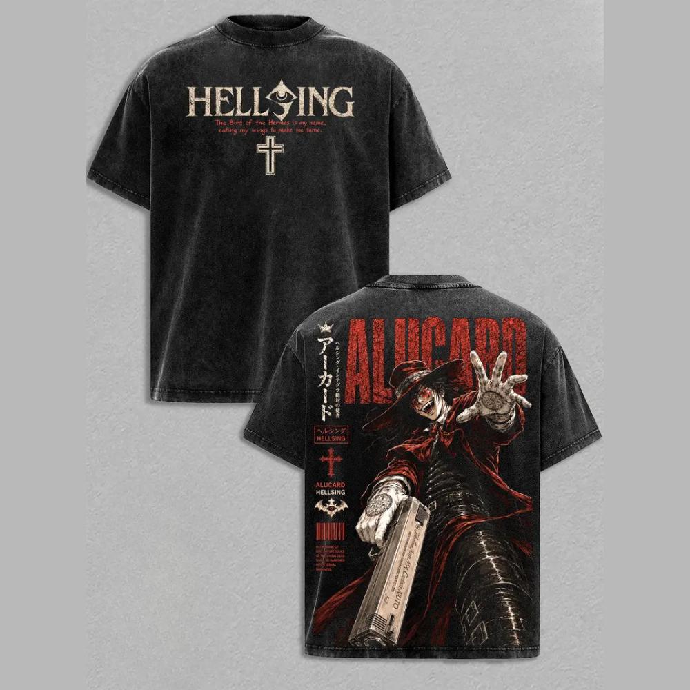 Anime Hellsing Alucard Bedrucktes T-Shirt Vintage Gewaschenes Oversized T-Shirt Kurzarm 100% Baumwolle T-Shirts Oberteile Herren Damen Kleidung