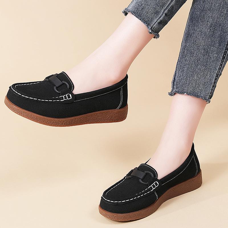 Elegant Women's Flat Shoes Cow Suede Walking Driving Shoes Slip-on Flats Soft Loafers Mother Shoes