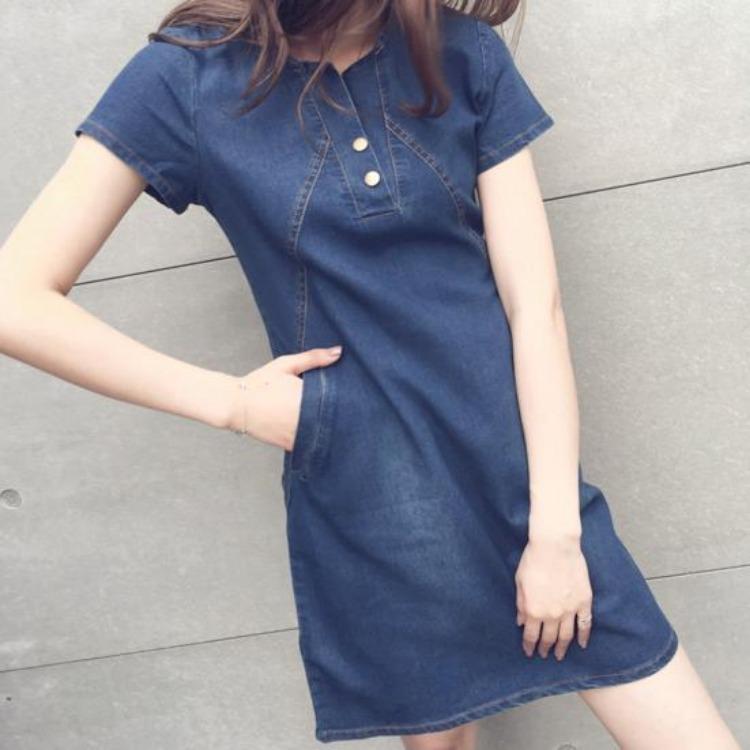 Vestido Casual Jeans Elegante Feminino de Verão com Gola O e Manga Curta Costurado para Uso Diário