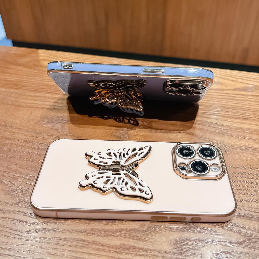 For iPhone 16 Pro Case Butterfly Kickstand TPU Electroplating Phone Cover