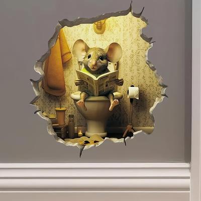 1 Stück 3D-Mausloch-Wandaufkleber, Maus sitzt auf der Toilette, Lesemuster, selbstklebender Wandaufkleber