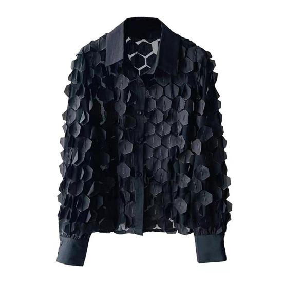 Frauen Sommer Chiffon Hemd Revers Laterne Langarm Shirt Tops 3D Blumen Druck Semi-Sheer Mesh Spleißen Einreiher bluse