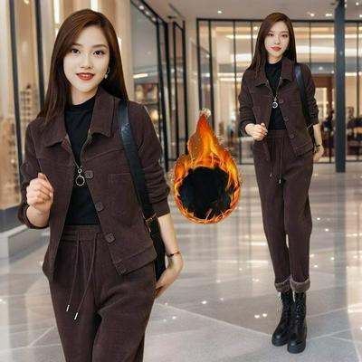 Plus Velvet Thickened Casual Suit Women's Autumn and Winter Fashion Western Style Corduroy Jacket Harem Pants Warm Two-piece Suit