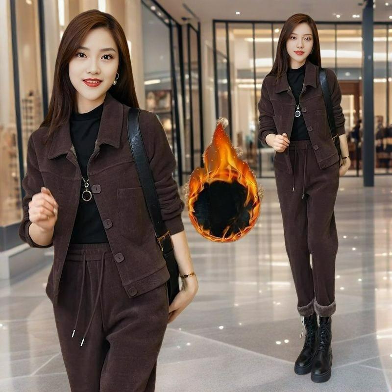 

Плюшевый Утепленный Повседневный Костюм Женский Осенне-Зимний Модный В Западном Стиле Вельветовая Куртка Брюки-Шаровары Теплый Костюм-Двойка XXXXL кофейный