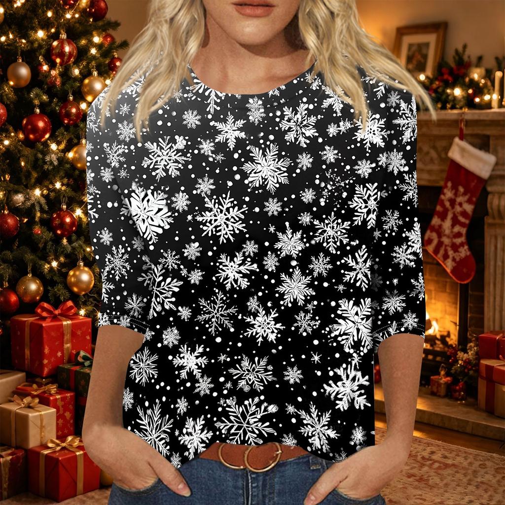 Women's Casual Christmas Print Neck Three-Quarter Sleeve T-Shirt