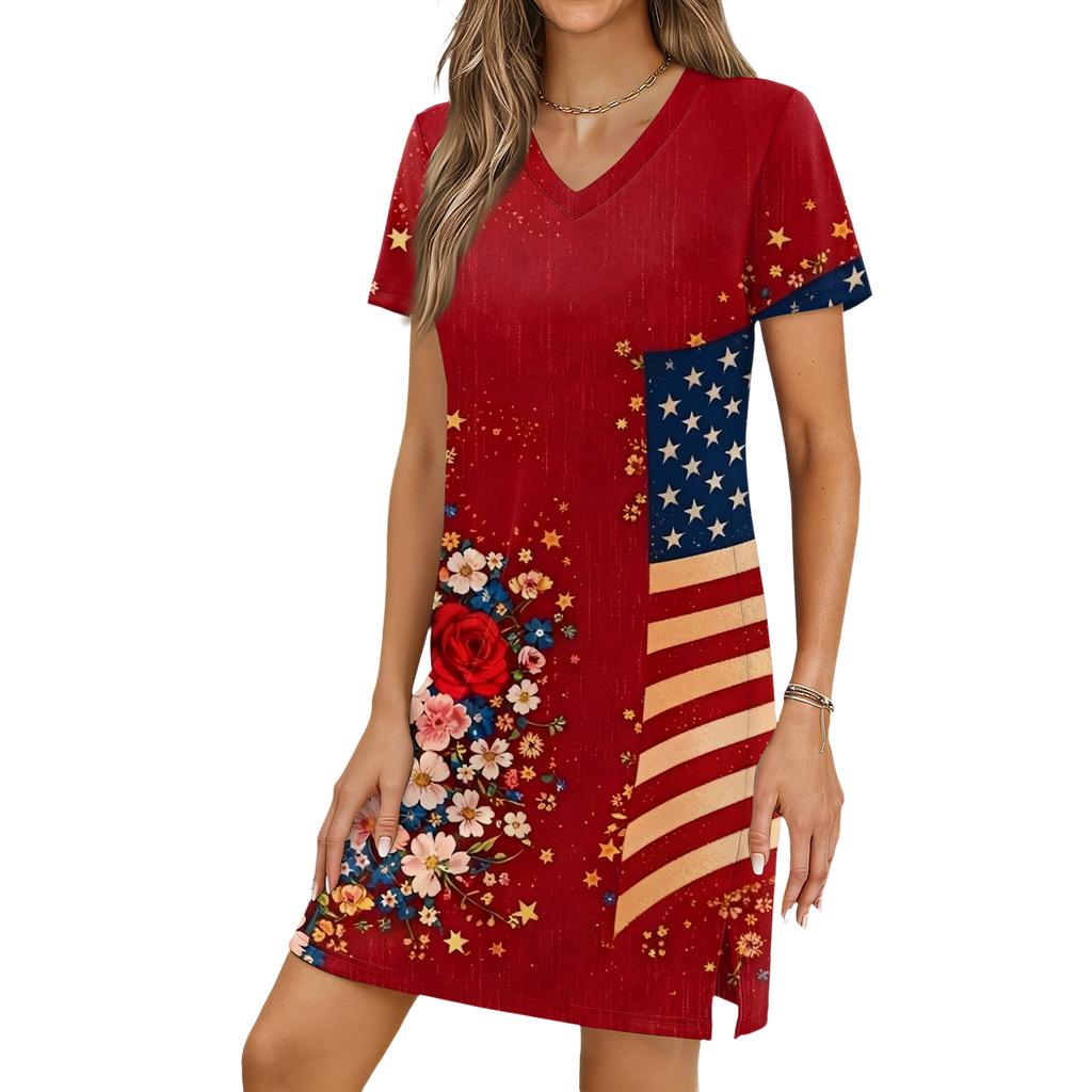 Women's Casual V-neck Short Sleeve Split Hem Independence Day Printed Dress