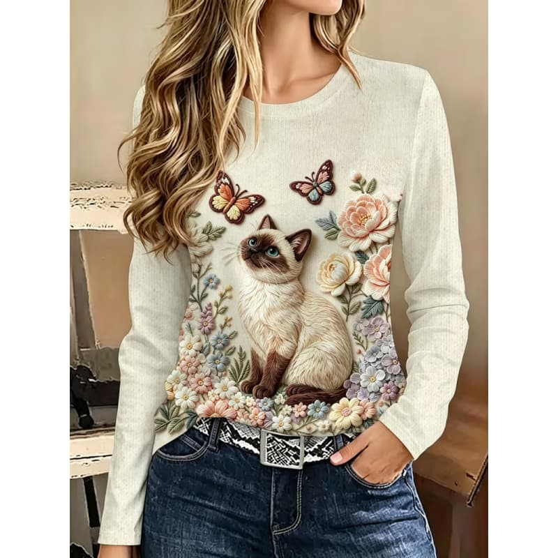 Women's Fashion Casual 3D Print Crew Neck Long Sleeve T-Shirt