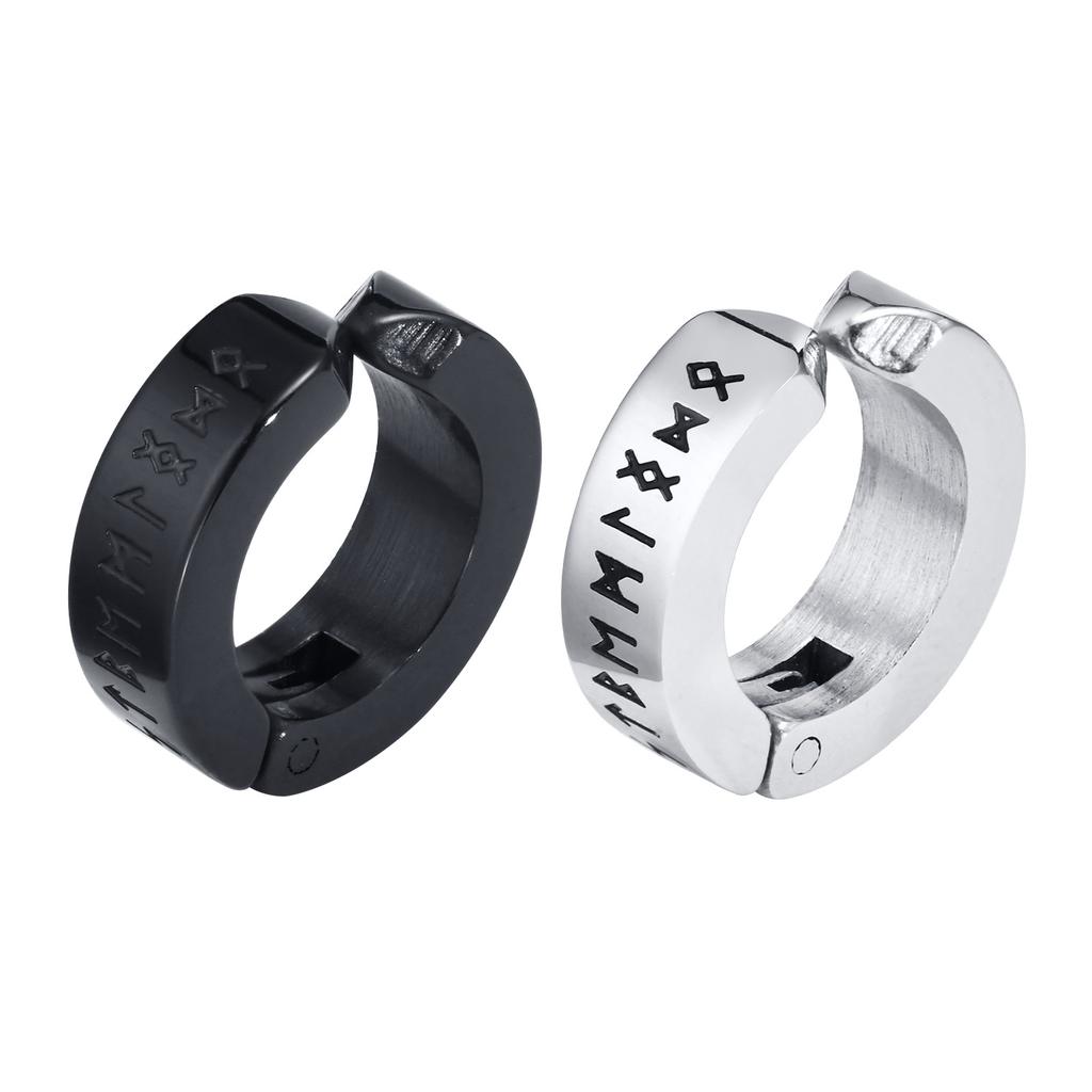 Mens Norse Viking Runes Ear Clips 13mm Stainless Steel Huggie Hoops No Piercing Jewelry Gift for Boys