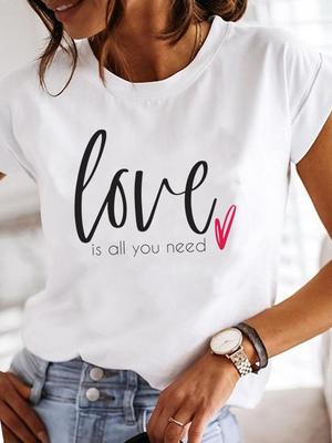 (Asian Size) Women Tee Top Love Trend Sweet Cute Short Sleeve Fashion Print Lady Clothing Casual Tshirt Female Graphic T-shirts