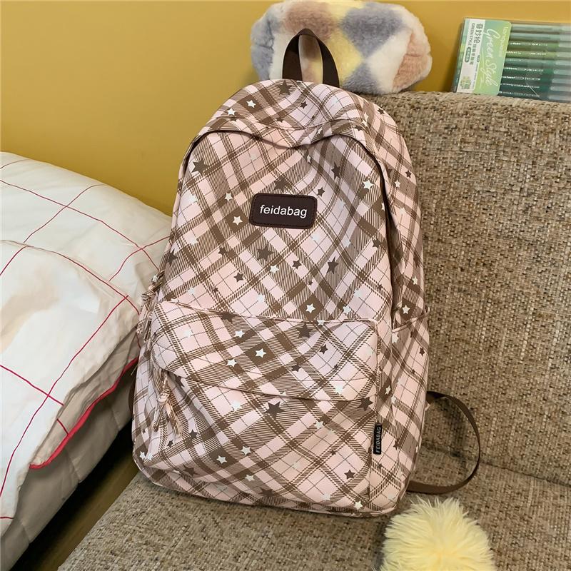 Schulrucksack für Studenten Damen Retro Karomuster Große Kapazität Reiserucksack