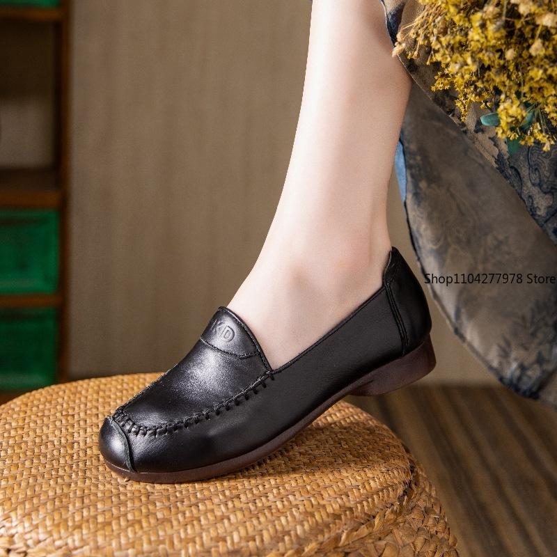 Fashion 2025 No Return or Exchange Retro First-layer Leather Mother Shoes Pu Leather Loafers Single Shoes, Comfortable Flats