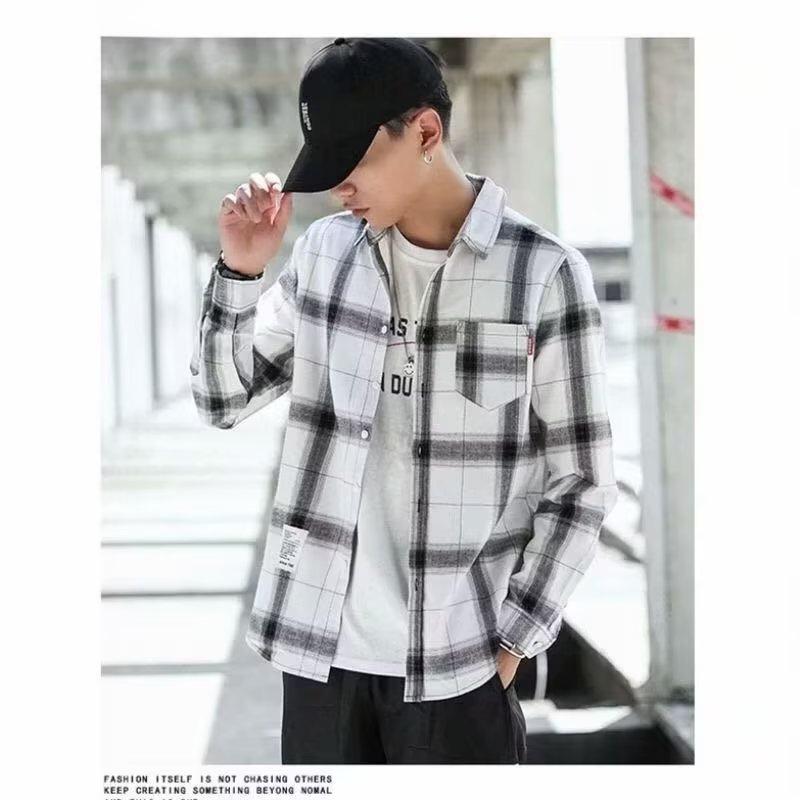 Men's Long Sleeve Korean Plaid Shirt - Hong Kong Style Spring/Autumn Trend