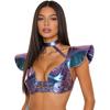 S-XXL Damen Glitzer Gothic Crop Top Neckholder Fledermausärmel Nietenbesatz Verstellbare Schnalle Korsett Bustier Schulterpanzer für Rave Club Party