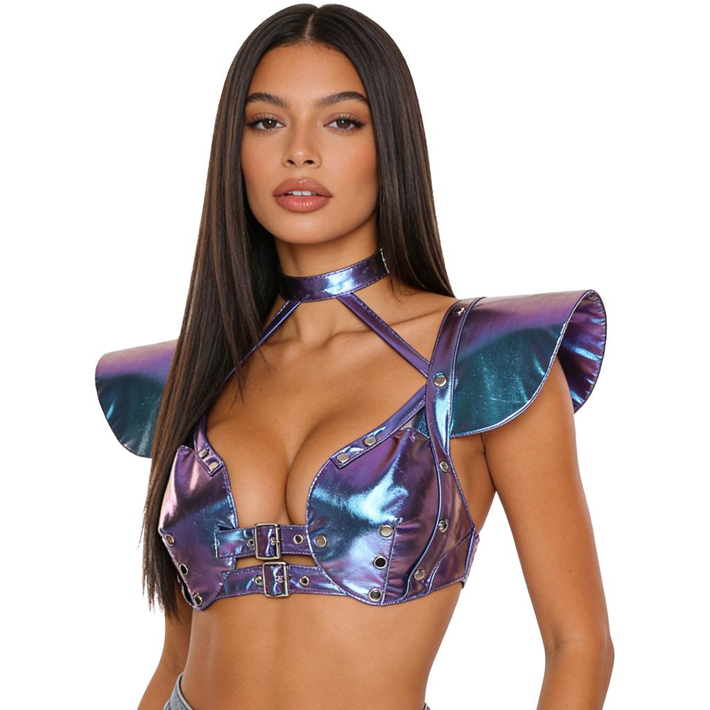 S-XXL Damen Glitzer Gothic Crop Top Neckholder Fledermausärmel Nietenbesatz Verstellbare Schnalle Korsett Bustier Schulterpanzer für Rave Club Party