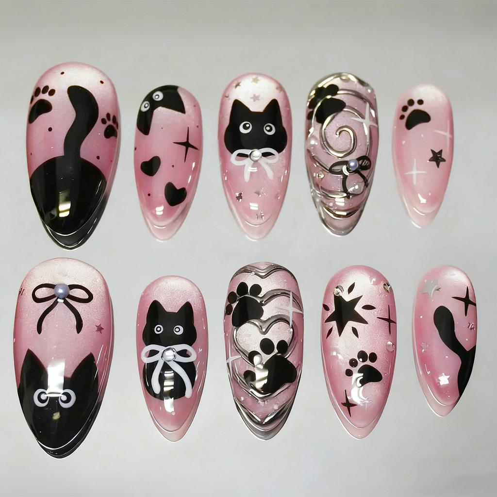24PCS Sweet Strawberry Cartoon Rabbit Short Oval Press On Nails Cute Bow Cake Pattern Almond Fake Nails for Women Girls Wearable
