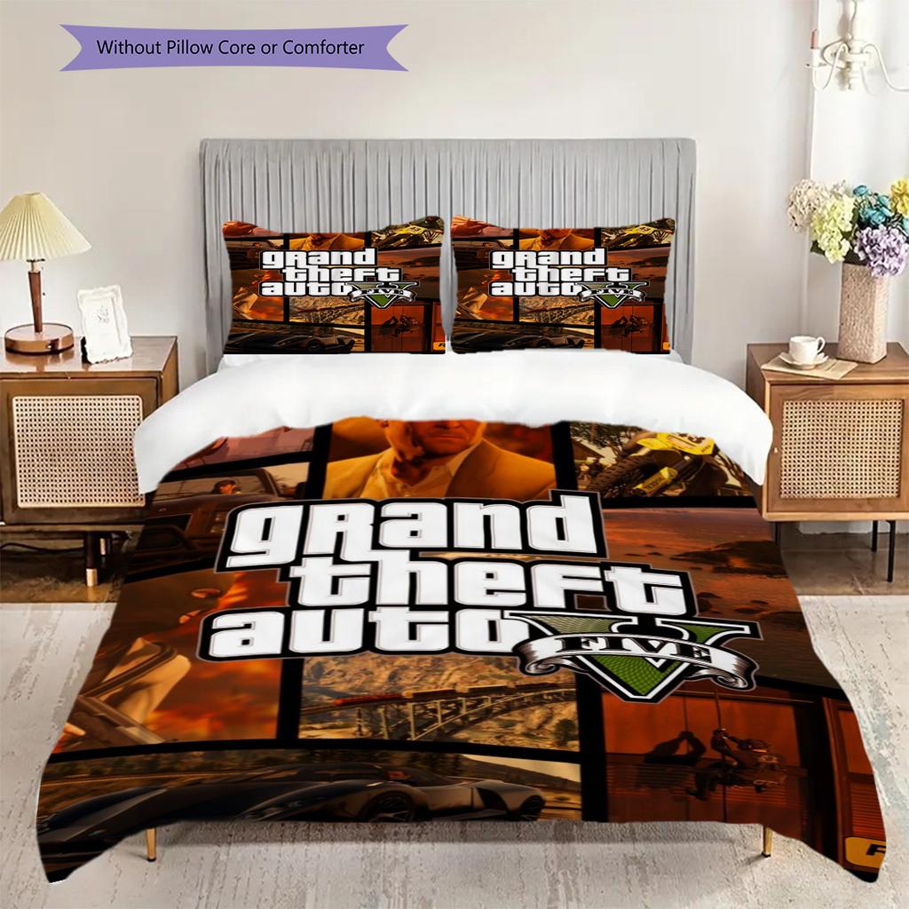 Grand Theft Auto Online Action Adventure Bedding (1 * Duvet Cover + 2 * Pillowcase, Without Core) 2D Flat Christmas Birthday Gift Bedding Set