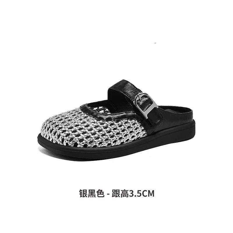 

Baotou half slippers women s 2025 new summer wear breathable woven flat bottom pedal with skirt Roman sandals 35 чёрный