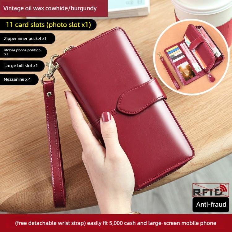 New retro oil wax cowhide long women s wallet бордовый