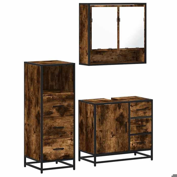 VidaXL Bathroom Furniture Set 3 Pcs Smoked Oak, Bathroom Cabinet, Toilet Storage Cabinet, 3301047