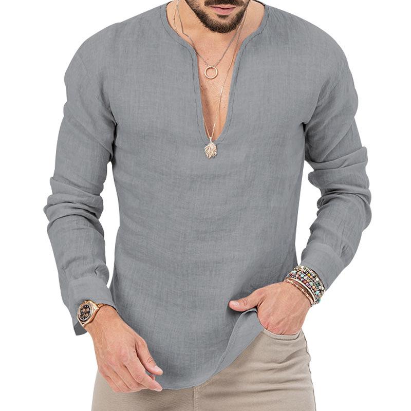 Men Linen Blend Deep V Neck Long Sleeve Casual Loose Fit Solid Color Henley Shirt