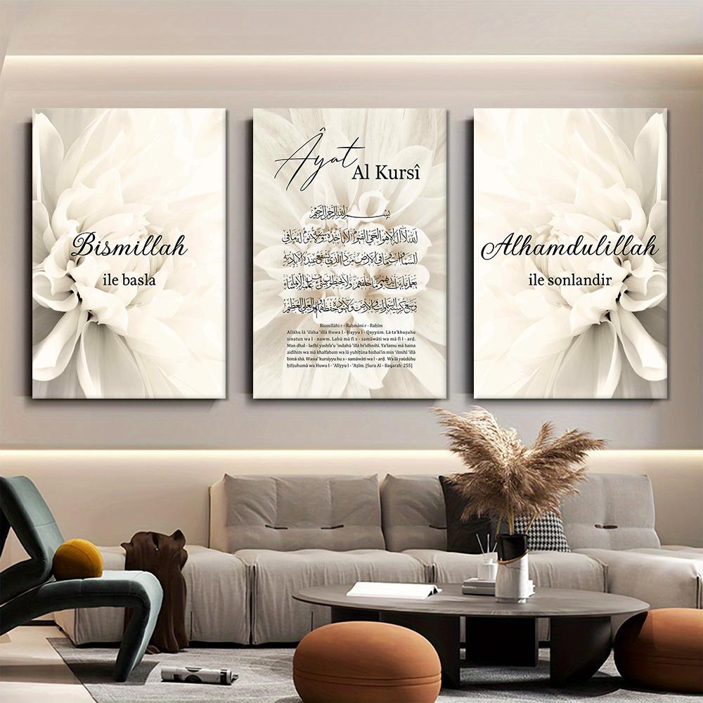 3-piece Set of Halal Language Frameless Canvas Decorative Paintings, White Flowers, Islamic Home Decor, Modern Minimalist Religi
