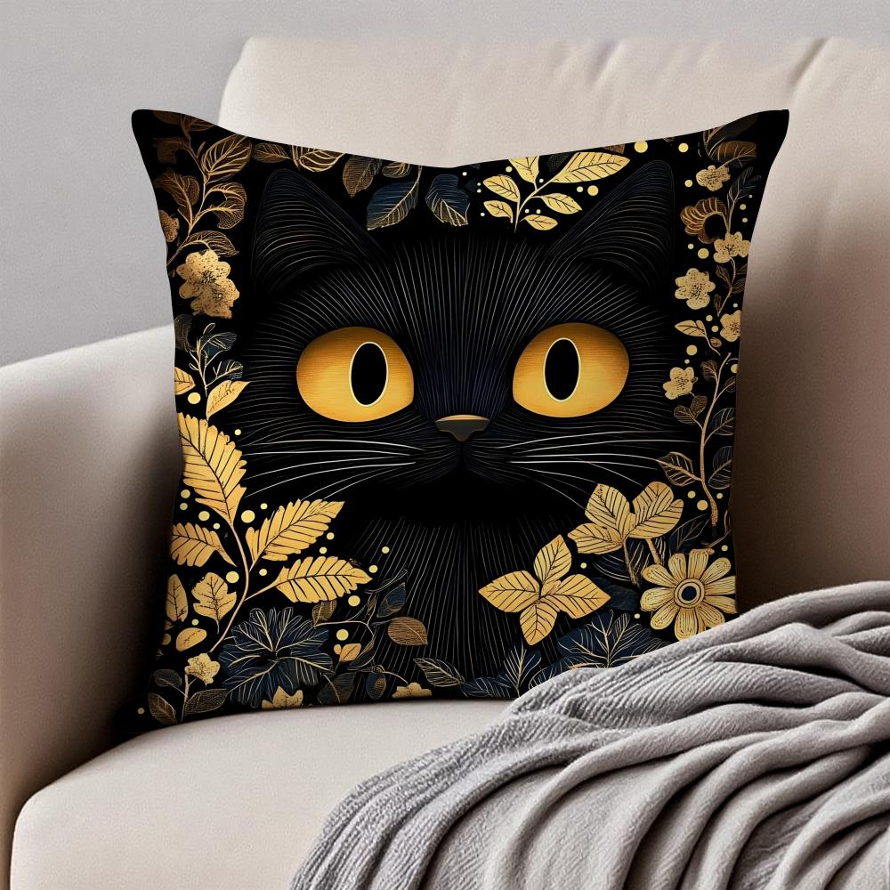 Art Black Cat Cushion Cover Pillowcase Antidustmite Invisible Zipper Short Plush Sofa Cushion