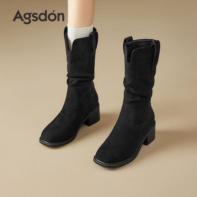 Augustine Western Cowboy Boots Women's 2025 New Autumn and Winter Black Pile Short Boots Coarse Heel Knight Martin Boots